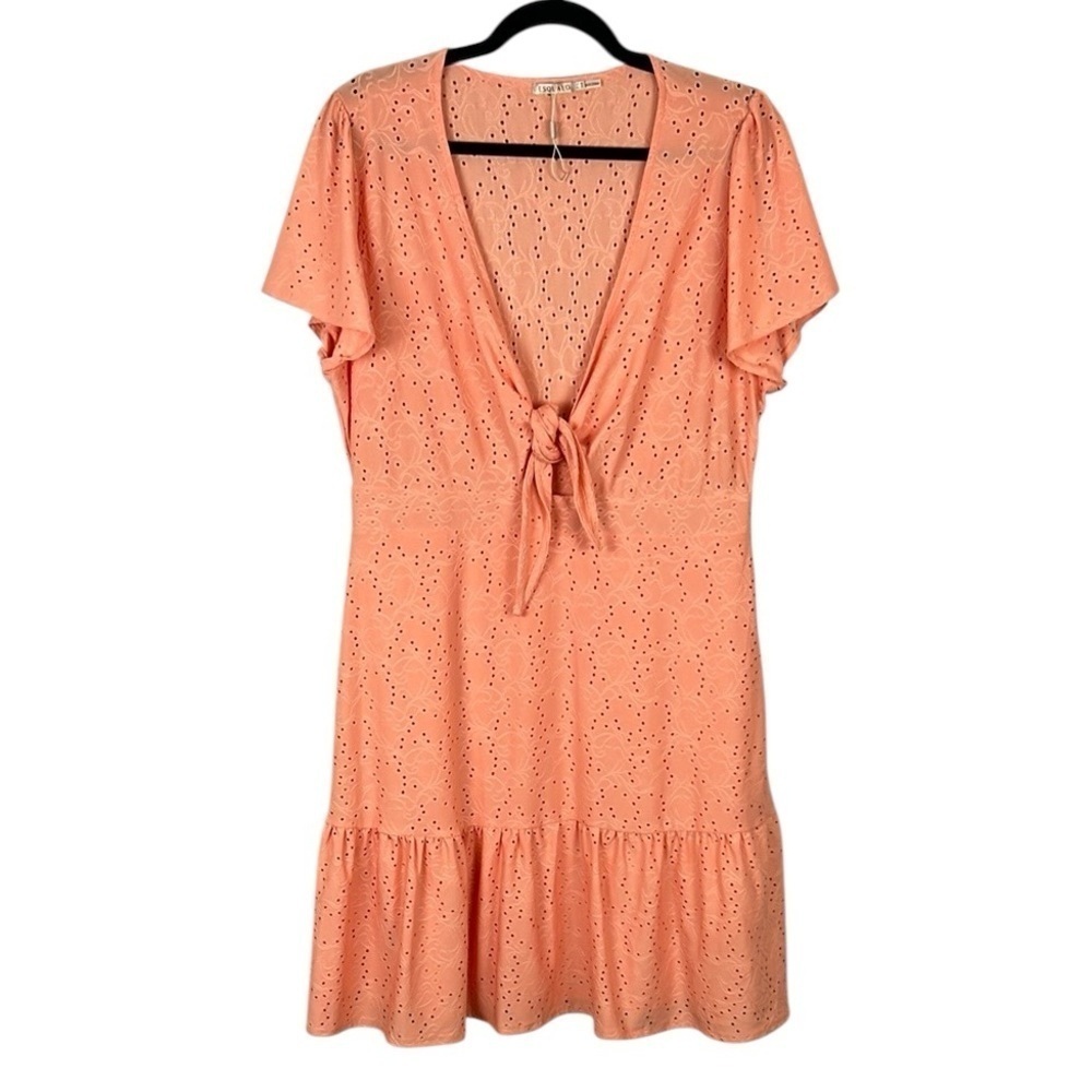 Esqualo Cottagecore Eyelet Ruffled Tiered Tie Front Short Sleeve Dress XL Peach